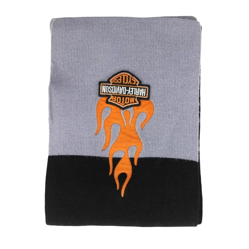 NEW Harley Davidson Scarf Muffler • Gray & Black • Bar & Shield • Orange Flames
